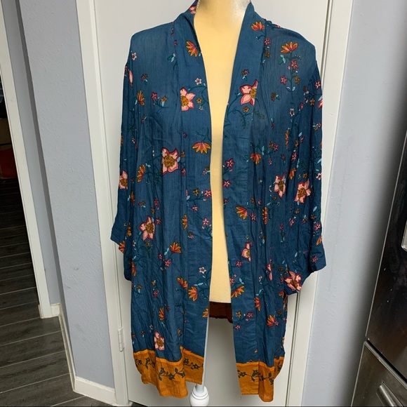 BLUE RAIR  FLORAL KIMONO CARDIGAN SHRUG SIZE L - Picture 1 of 7